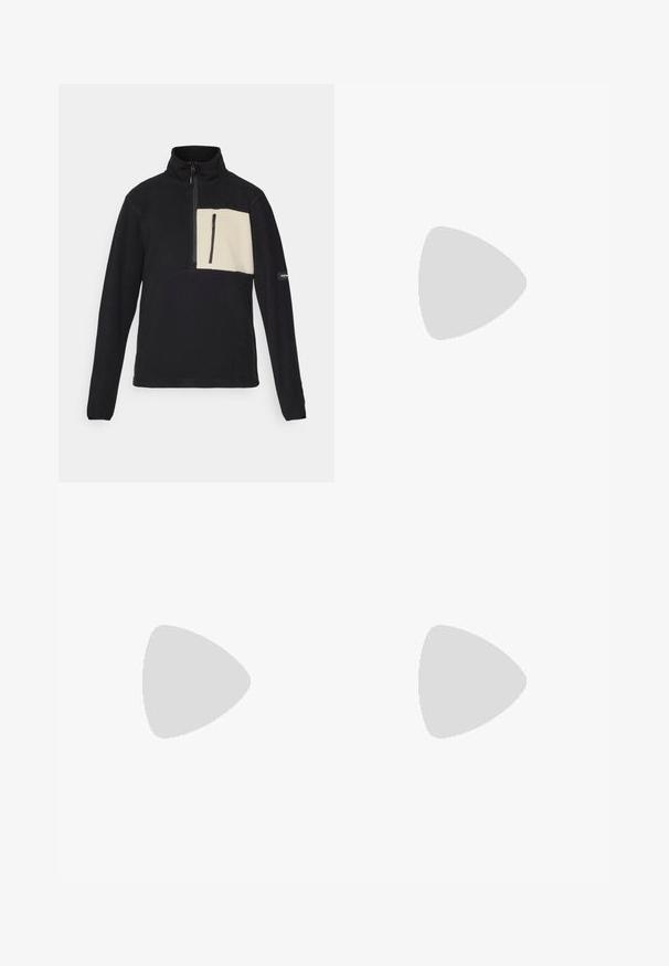 Black fleece pullover with a half-zip collar, featuring a cream-colored chest pocket and textured fabric. Includes shoulder accents and logo detail.; Gray short-sleeve t-shirt with a round neck, made of lightweight fabric, featuring a small white logo on the left chest. Smooth texture.; Black waterproof pants with a smooth texture, featuring a GORE-TEX logo on the front, and reinforced lower legs for durability.; Trail running shoe in olive green and navy, featuring a textured upper, blue accents, a secure lace system, and a rugged outsole for grip.