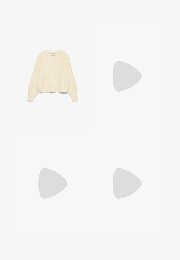 Pull en tricot ivoire avec un décolleté en V profond, des manches longues et un ourlet côtelé. Texture douce ; design légèrement court avec des détails à coupe oversize.; Jean large beige en coton. Doté d'une fermeture à bouton, de passants de ceinture et de poches avant avec une texture douce et lisse.; Bottines en suède brun avec une doublure moelleuse, un embout arrondi et une semelle en caoutchouc légèrement épaisse avec un motif en chevron.; Sac bandoulière en cuir marron avec une forme incurvée, quincaillerie dorée et un accent en boucle. Comprend une bandoulière détachable.