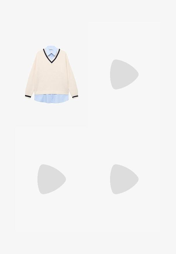 Pull en V crème avec texture côtelée, muni d'une bordure bleue marine. Superposé sur une chemise à col bleu clair. Manches longues.; Ensemble en simili cuir noir comprenant un haut à manches courtes et une jupe ajustée. Texture lisse avec coutures visibles et design minimaliste.; Bottines en suede beige avec une texture douce, des détails cousus et une semelle en caoutchouc, dotées d'un talon en boucle pour un enfilage facile.; Lunettes de soleil en écaille de tortue avec verres foncés, en forme ovale et avec des branches larges. Présente un petit accent doré sur le côté. Matériau en plastique lisse.; Sac à main blanc avec une silhouette courbée, en cuir texturé, matériel doré et une bandoulière amovible avec un logo et un détail de boucle.