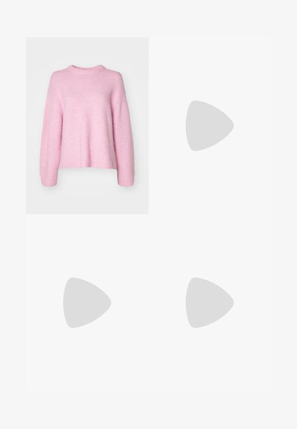 Gina Tricot CREW NECK - Striktrøje - lilac sachet; Hvide linnedbukser med snøre i taljen, der har en afslappet pasform og lige ben. Glat tekstur, ingen synlige mønstre eller accenter.; Lyserøde ruskindsneakers med mørkeblå læderstriber og gummisål. Funktioner inkluderer flade snørebånd og branding på siden og tungen.; Tan læder tote taske med to lange hanke, rund form, glat tekstur og diskrete syninger. Ingen synlige metaldele eller accenter.