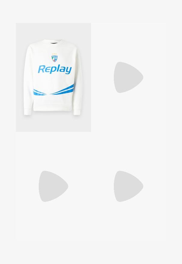 Valkoinen huppari, jossa on sininen "Replay"-logo, joukkueen vaakuna tähtineen sekä siniset vinoraitat vyötäröllä ja hihoissa. Pehmeä pinta.; Valkoinen puuvillapaita, jossa on pyöreä punainen logo vasemmassa rinnassa ja "981 REPLAY" -teksti. Lyhyet hihat ja normaali istuvuus.; Vaaleansinisiä straight-leg farkkuja, joissa on taskut, kuparivivut ja nappikiinnitys. Sisältää haalistuneen designin ja siistin helman.; Valkoinen nahkainen tennari, jossa on rei'itetty varvasosa, mustat nauhat ja kantapääharja. Varustettu "REPLAY"-brändillä ja tukevalla kumipohjalla.