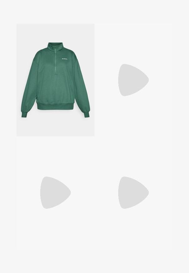 Grøn halv-zip pullover sweatshirt lavet af blødt materiale, med stående krave og elastiske manchetter. Columbia-logo på den øverste venstre bryst.; Højtaljede sorte leggings lavet af strækbart stof, med en glat overflade og fuldlængde design med en tætsiddende silhuet.; Sort atletisk sko med en struktureret mesh-overdel, forstærket tå og et hurtigt snørresystem. Har en robust ydersål og let hælforhøjelse.; Sort, quiltet sling taske med buet design, der har lynlåslukning og justerbar rem med "PeakPerformance" branding. Glat, blank tekstur.