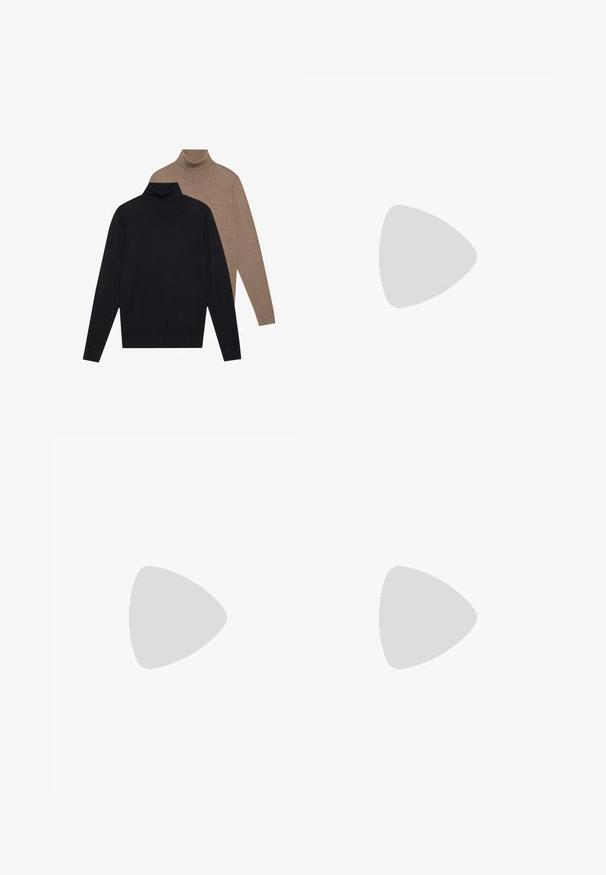 Dois suéteres de gola alta de manga longa, um em preto e outro em bege claro, feitos de um tecido de malha suave, com um design ajustado e punhos canelados.; Jack & Jones JJIBILL SATURN PANTS - Calças cargo - moonbeam; Ténis brancos de cano alto com detalhes pretos e três riscas, sola de borracha texturizada, combinados com calções cáki. O fundo apresenta um edifício.; Óculos de sol retangulares castanhos com lentes tintedas, armação de plástico e detalhes em metal nas laterais. Apresenta um design elegante e uma textura suave.