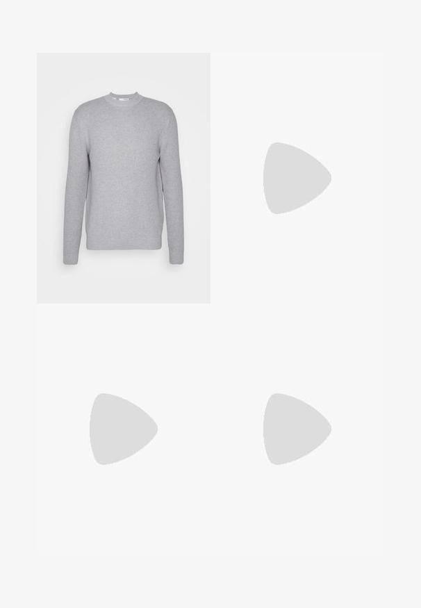 Suéter de cuello redondo gris claro con mangas largas, puños y dobladillo acanalados. Fabricado con tejido de punto con un acabado suave y texturizado.; Camiseta blanca de manga corta hecha de un tejido ligero. Cuello redondo con una textura suave y sin patrones ni acentos visibles.; Samsøe Samsøe SMITHY TROUSERS  - Pantalones - moonstruck; Zapatilla deportiva blanca con parte superior de malla, acentos en azul marino y suela acolchada. Presenta el logo "N", cordones y detalle texturizado en el lateral.