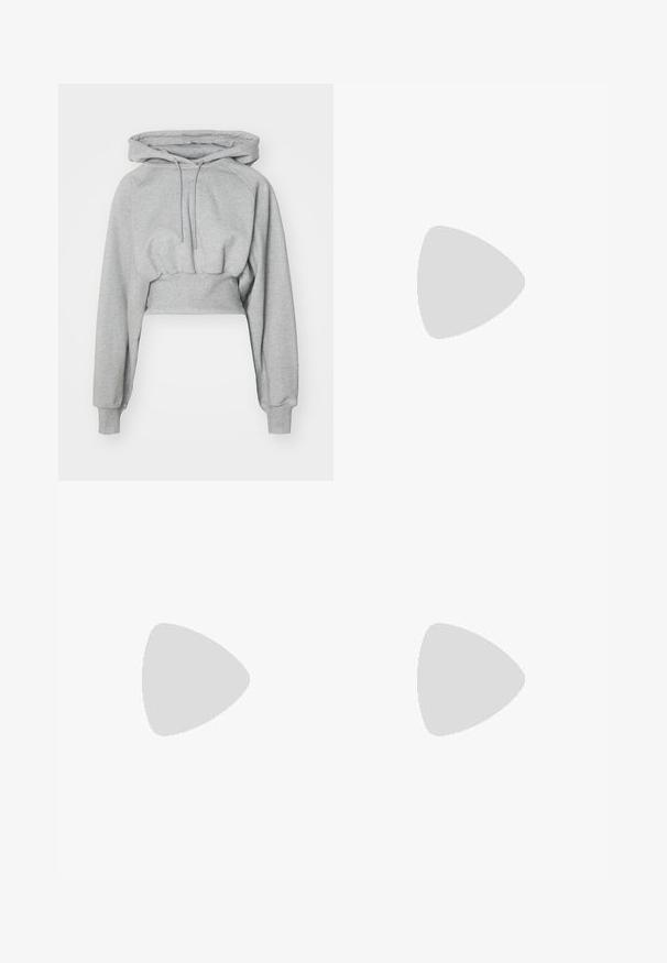 Cropped hoodie in light gray, made of soft material. Features a hood, drawstring, and ribbed cuffs. Smooth texture with no patterns.; Blue short-sleeve athletic t-shirt with a round neckline; made of lightweight fabric; features a white Adidas logo on the left shoulder.; Blue athletic leggings featuring a high waistband, made from stretchy material, with a white logo on the left hip and discreet hems.; Running shoe with a gray mesh upper, pink accents, and white stripes. Features a cushioned sole and a sleek, aerodynamic design.