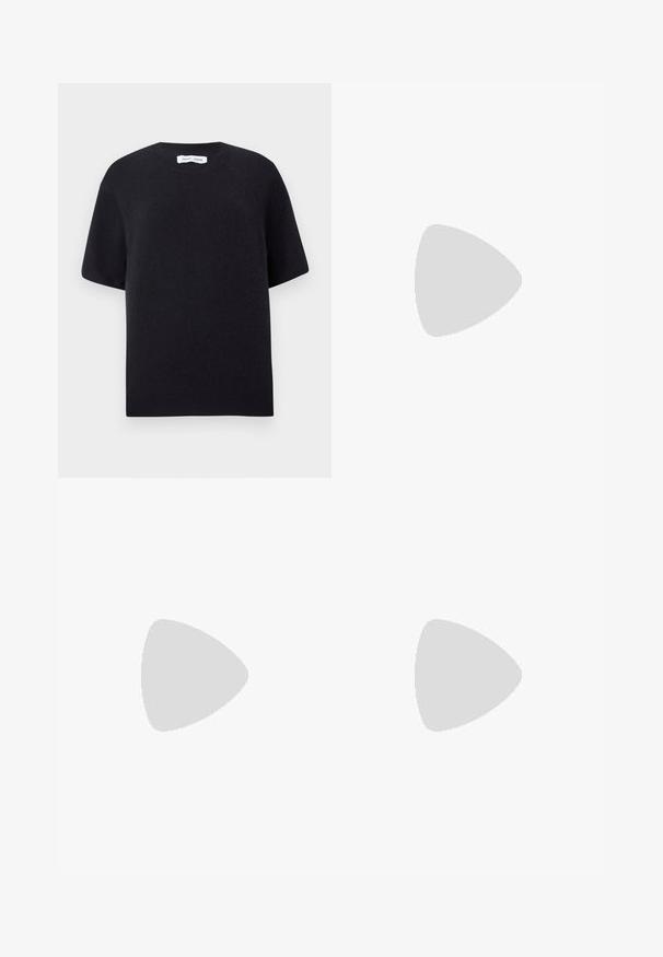 Melns adīts īsām piedurknēm džemperis ar apaļu kakla izgriezumu un ribota apakšmala. Gluda struktūra ar brīvu piegriezumu. Minimālisma dizains.; Gaiši zilas taisnas kājas džinsi, izgatavoti no džinsa auduma. Iezīmē piecas kabatas, metāla pogu aizdari un smalku nodilumu tekstūrai.; Melnas ādas mokasīnas ar izšuvumiem, noapaļota purngala forma un vieglu zelta akcentu. Mīksta tekstūra un gumijas zole labākai saķerei.; Zila ādas rokassoma ar noapaļotu formu, vienu plecu siksnu, ar rāvējslēdzēju aizdari un iegravētu zīmola nosaukumu priekšpusē. Gluda tekstūra.