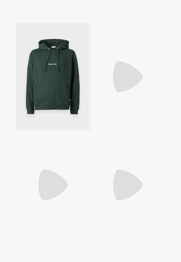 Roheline puuvillane kapuutsiga sweatshirt, ees on kangaroo tasku, soonikkoes mansetid ja valge brodéeritud logo rinnal. Lihtne disain.; Tumed sinised denim teksad sirge säärega lõikega, viie taskuga, ees nupuga kinnitamine ja õrn hägustumine põlvede lähedal.; Vans SKATE LOAFER UNISEX - Tossud - black; Must mustra nahkainine õlakott, millel on tõmblukk, tekstureeritud pind, valged õmblused ja rihm hõbedaste rõngastega.