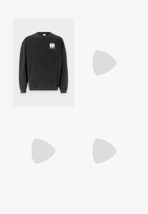 Black sweatshirt made of soft material, featuring a crew neckline and dropped shoulders. Front print of three figures with text below.; Gray denim jeans featuring a straight-leg cut, five-pocket design, and a button closure at the waistband. Subtle faded texture throughout.; White leather sneaker with a smooth finish, round toe, flat laces, and a textured sole. Features a subtle logo on the heel.; Vivienne Westwood CITY BUMBAG UNISEX - Bum bag - black