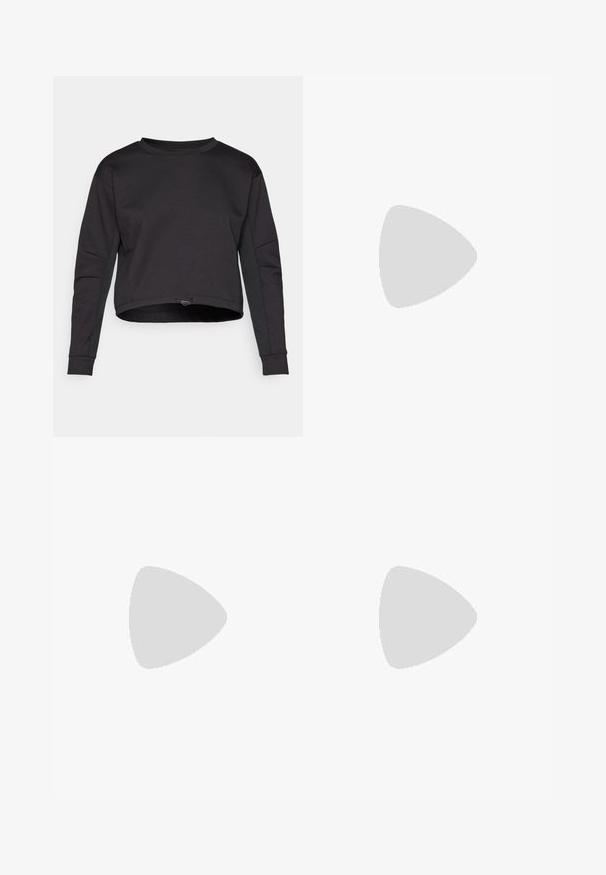 Schwarzes Sweatshirt mit einem cropped Design, langen Ärmeln, rundem Halsausschnitt und seitlichen Akzenten. Hergestellt aus weichem, dehnbarem Material. Verstellbare Kordel am Saum.; Schwarzes T-Shirt mit kurzen Ärmeln aus einem Baumwollmischgewebe, ausgestattet mit einem Rundhalsausschnitt und glatter Textur, ohne sichtbare Logos oder Muster.; Graue Sweatpants aus Baumwollmischung mit elastischem Bund, Kordelzug und gerippten Bündchen. Mit einem weißen "Champion"-Logo an der Seite.; Weiße Sportsneaker mit einem strukturierten Mesh-Obermaterial, gepolstertem Kragen und einer dicken, gerippten Sohle. Mit tonalen Akzenten und Schnürverschluss.