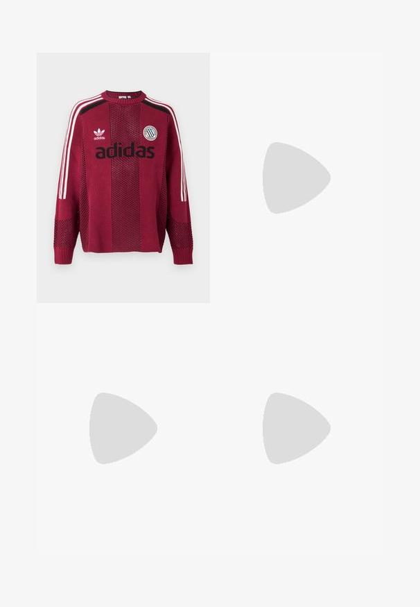 Sweater de malha maroon da Adidas com riscas brancas nas mangas, logótipo da Adidas em preto e um patch circular com riscas e texto no peito.; T-shirt preto feito de tecido liso com decote redondo, apresentando três riscas verdes nos ombros e um pequeno logo verde no peito.; adidas Originals GRAPHIC UNISEX - Calças de fato de treino - black; Sapatilha de corrida branca com a marca "TERREX" em laranja; parte superior em malha, gola acolchoada e sola texturizada com detalhes em laranja. Design leve.