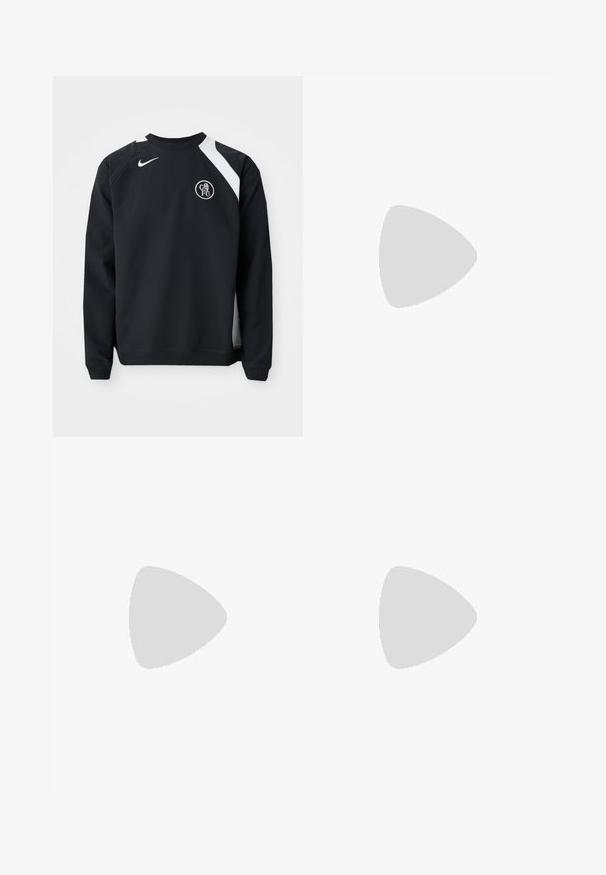 Black sweatshirt with white accents, round neckline, long sleeves, and ribbed cuffs. Features Nike logo and circular Chelsea FC emblem.; Red short-sleeve Nike shirt features large white "NIKE" text, a Chicago Bulls logo, and black long sleeves. Worn with light blue jeans.; Black outdoor pants with a relaxed fit, featuring elastic waistband, navy side panels, and zippered pockets on both sides.; Nike sneakers featuring a mesh upper in bright green, black accents, and a distinctive sole with visible yellow air bubbles.