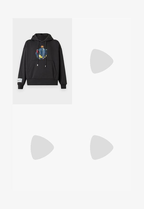 Black hoodie featuring a graphic of a blue cat with yellow eyes and a bomb on its head. Includes a front pocket and ribbed hem.; White cotton t-shirt featuring a small printed tag in the center. Short sleeves and a relaxed fit with a smooth texture.; Black athletic pants with a textured fabric, elastic waistband, and buttons at the ankle for adjustable fit. Flat front and straight legs.; Black suede sneaker with a white rubber sole, featuring tonal stitching and lace-up design. Smooth texture with a modern, streamlined shape.