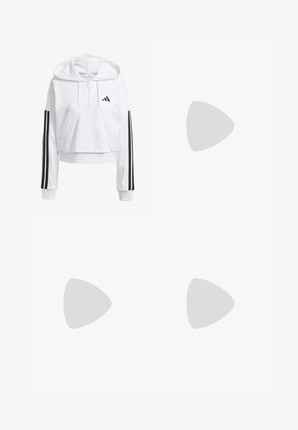 White, cropped hoodie with a front pocket, black three-stripe detailing on sleeves, and a small black logo on the chest. Soft fabric.; Black cropped long-sleeve workout top made of smooth fabric. Features a white logo on the chest and striped accents on the sleeves.; Black athletic leggings made of stretchy fabric, featuring a high waistband and a white brand logo on the left hip.; White athletic shoe with a breathable mesh upper, three black stripes, lightweight sole, and textured accents on the heel for support.