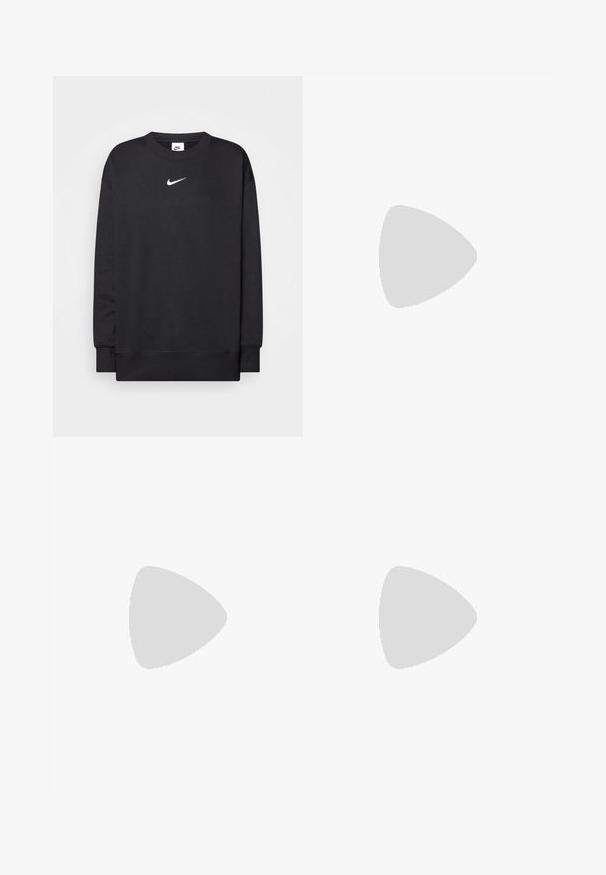 Czarny sweatshirt z okrągłym dekoltem, długimi rękawami i białym logo Nike umieszczonym na środku klatki piersiowej. Wykonany z miękkiego, teksturowanego materiału.; Różowe legginsy sportowe z wysokim stanem, wykonane z elastycznego materiału. Charakteryzują się gładką fakturą oraz brakiem widocznych wzorów lub akcentów.; Szare zamszowe i siateczkowe sneakersy z grubą białą i beżową podeszwą, z wyraźnym białym logo i czerwonymi akcentami.; Czarna skórzana torba na ramię o miękkim, teksturowanym wykończeniu. Posiada zaokrąglony kształt i pojedynczy regulowany pasek. Brak dodatkowego sprzętu.