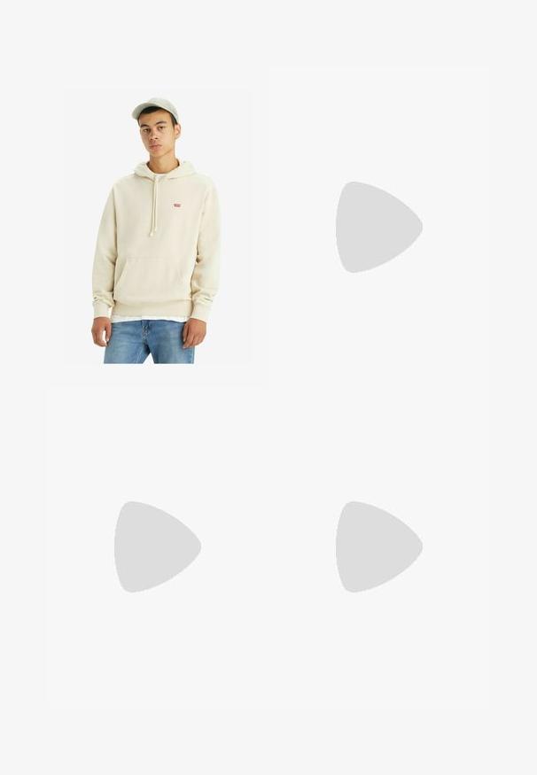 Cream-colored hoodie made of cotton, features a front pocket, drawstring hood, and a small red logo. Worn with light blue jeans.; Two crew-neck t-shirts in black and olive green, made of soft cotton fabric. The design is simple with short sleeves and a straight cut.; Ecoalf PANTS MAN - Trousers - off white; Sneaker featuring a navy blue mesh upper, gray suede accents, white rubber sole, and flat white laces, designed for comfort and breathability.