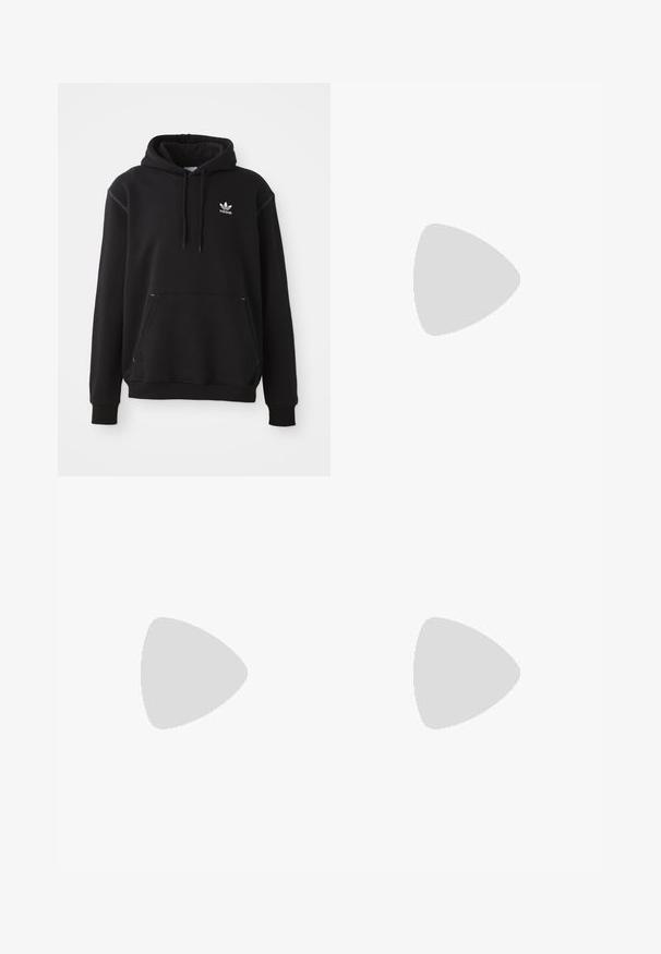 Black cotton hoodie with a kangaroo pocket, white Adidas logo, ribbed cuffs, and hem, featuring a drawstring hood and stitched accents.; White cotton T-shirts, short sleeves, crew neck design, plain texture, stacked in a row, with subtle branding at the neckline.; White athletic shorts featuring a green waistband and a green Adidas trefoil logo. Made from a smooth, lightweight fabric with side pockets.; Black sneakers with a suede and synthetic upper, featuring three white stripes, textured rubber sole, and blue logo tag on the tongue.