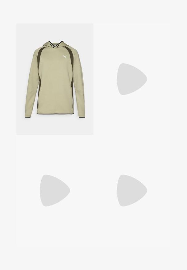 Jasnozielona bluza z kapturem z kieszenią typu kangur, czarnymi akcentami po bokach i na dole oraz białym logo na klatce piersiowej. Miękki, teksturowany materiał.; Kremowa koszulka z krótkim rękawem, wykonana z miękkiej bawełny, z okrągłym dekoltem. Posiada małe haftowane logo Puma na piersi.; Ciemnoszare dresy z elastycznym pasem, zwężanymi nogawkami i małym białym logo Puma na lewej udzie. Miękki materiał bawełnowy.; Srebrny but sportowy z siateczkowego materiału, czarnymi akcentami, perforowanym wzorem i wyściełaną białą podeszwą. Posiada wyraźne logo 'N'.