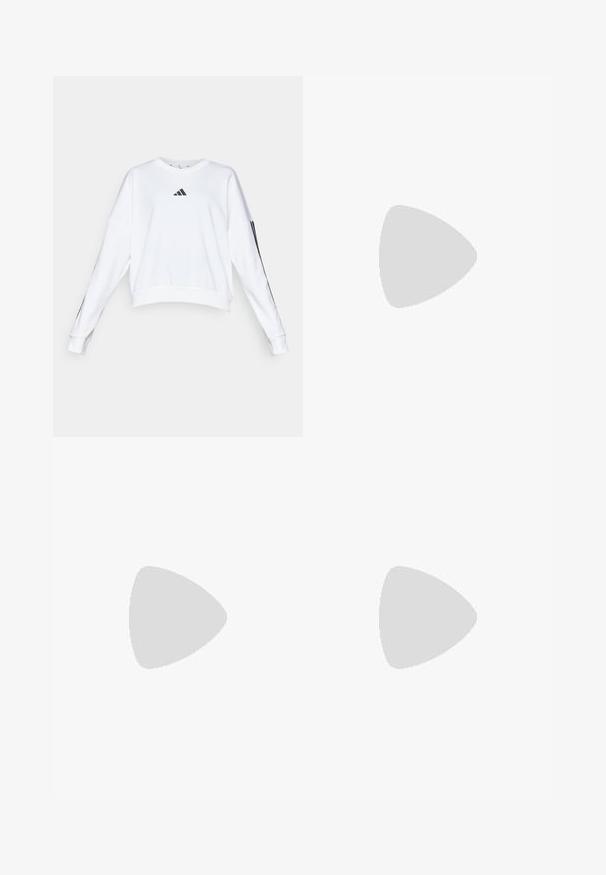 White cropped sweatshirt with long sleeves, featuring a black Adidas logo on the chest and black side stripes on the sleeves. Smooth texture.; White sleeveless athletic top with round neckline, featuring a large black Adidas logo composed of three stripes on the front.; Blue high-waisted leggings made of smooth, stretchy fabric. Features a form-fitting shape and seamless design with a slight sheen.; White athletic shoes made of breathable mesh with black three-stripe accents, a textured heel, and a rubber sole for grip.