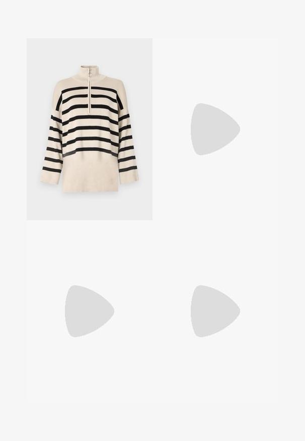 Beige sweatshirt med sorte vandrette striber, høj krave og kvart zip-lukning. Lavet af strikket materiale med løse ærmer.; Anna Field Leggings - black; Knæhøje sorte læderstøvler med en glat tekstur, lynlåse i siden og en flad sål. Støvlerne har et struktureret skaft og minimalt hardware.; Versace UNISEX - Solbriller - black; Calvin Klein POLISHED SS TWIST HOOP - Øreringe - silver coloured