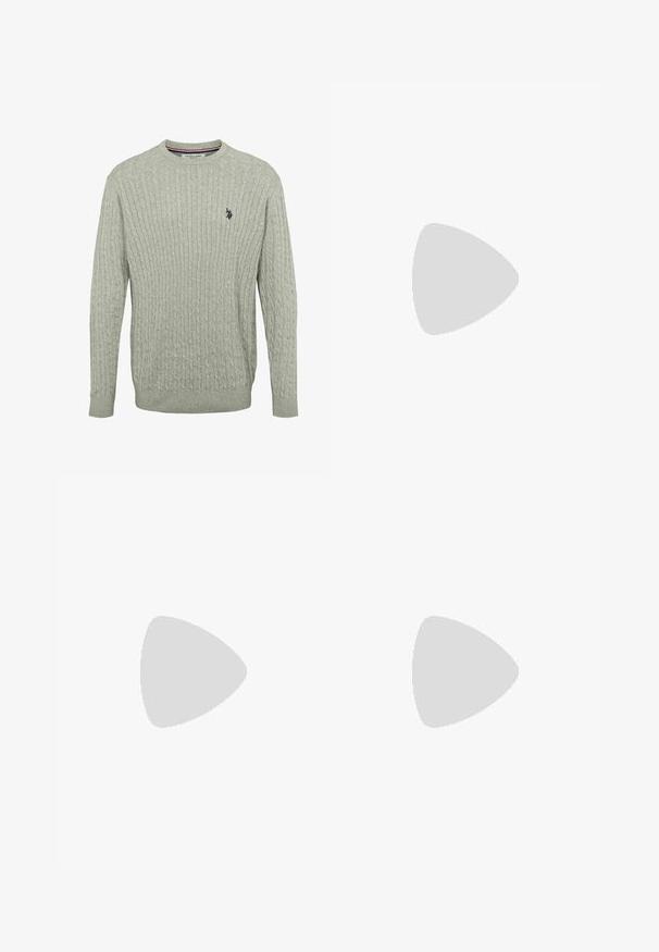 Pulover tricotat de culoare gri deschis, cu un model cu cabluri, guler rotund și mansete cu elastic. Logo brodat pe partea stângă a pieptului.; Cămașă din denim negru cu mâneci lungi, închidere cu capse, buzunare la piept și detalii subtile de cusătură. Prezintă un guler ascuțit și tiv curbat.; YOURTURN SUMMERISH SUIT TROUSERS UNISEX - Pantaloni scurți - black; Pantof black din piele, cu sireturi, cu vârf rotund, talpă din cauciuc texturat și cusături galbene în jurul bazei. Design plat și finisaj neted.