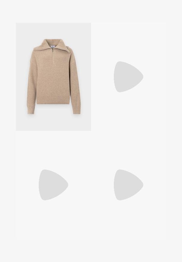 Beige gestrickter Pullover mit einem halbseitigen Reißverschlusskragen, gerippter Textur und langen Ärmeln. Hat eine verkürzte Passform und einen weichen, warmen Stoff.; Langarm-Hemd aus burgunderrotem Satin mit spitzem Kragen und durchgehender Knopfleiste, flach auf weißem Hintergrund präsentiert.; Brauner Leder-Minirock mit einem eleganten Design, zwei mit Reißverschluss versehenen Seitentaschen und kontrastierenden Nähten entlang der Kanten.; Schwarze Leder-Mary-Jane-Ballenflats mit runder Zehenform, ausgestattet mit silbernen runden Nieten und einem verstellbaren Riemen mit Schnalle.