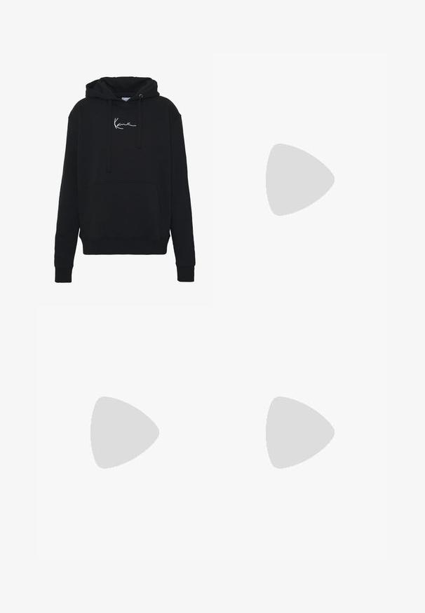 Black hoodie made of soft fabric, featuring a front pocket, drawstrings, and white logo embroidery on the chest. Classic fit and ribbed cuffs.; Black sleeveless t-shirt made of cotton, featuring a round neckline and a white signature logo on the front. Smooth texture, relaxed fit.; Black straight-leg denim jeans with button and zipper closure, belt loops, and front and back pockets.; Black and white Nike Dunk sneakers featuring a leather upper, perforated toe, black laces, and a black rubber sole with tread design.