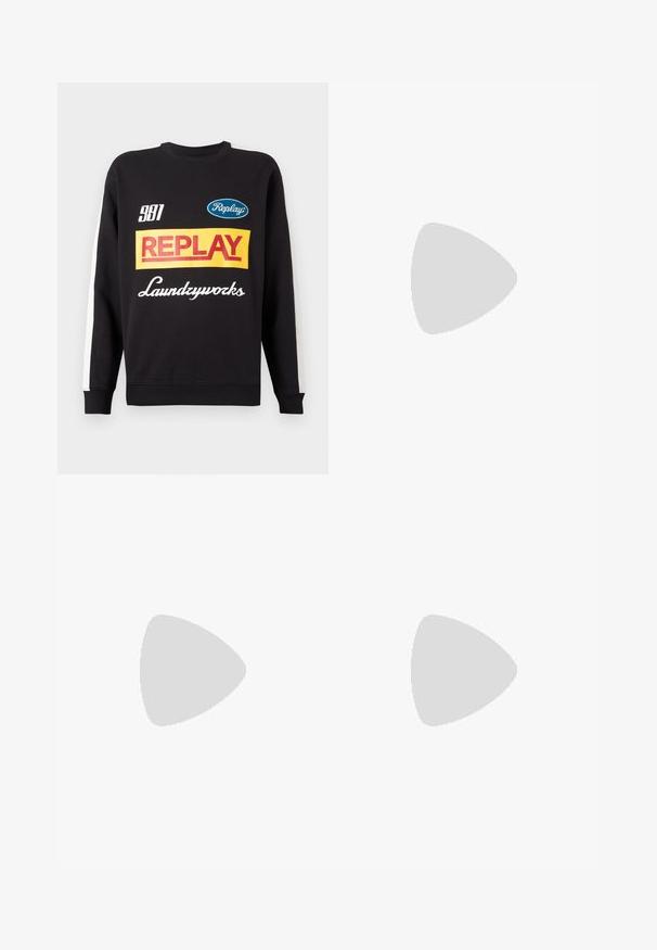 Black crewneck sweatshirt with white stripes on sleeves, featuring multicolored "Replay" and "Laundryworks" text logos on the front.; White short-sleeve t-shirt with black accents. Features "REPLAY FC" logo and "Highpeformance" text in a sporty font. Made from a smooth material.; Black denim jeans with a straight-leg cut, featuring five pockets, a button closure, and subtle fading along the fabric.; White and black sneaker made of leather and suede, featuring a rounded toe, textured sole, gold logo, and contrasting heel accent.