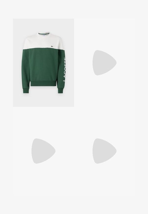 Sudadera verde y blanca de mezcla de algodón, con un diseño en bloques de color, puños acanalados y el logo "LACOSTE" impreso en blanco.; Camiseta de manga larga negra de algodón, con escote redondo y un pequeño logo de cocodrilo bordado en verde en el lado izquierdo del pecho.; Pantalones cargo color caqui de algodón, con una cintura elástica, dos bolsillos laterales y cordones en los tobillos.; Zapatillas Lacoste en gris oscuro con material de malla y sintético, que cuentan con una suela texturizada y detalles en marrón en el cuello y la marca.
