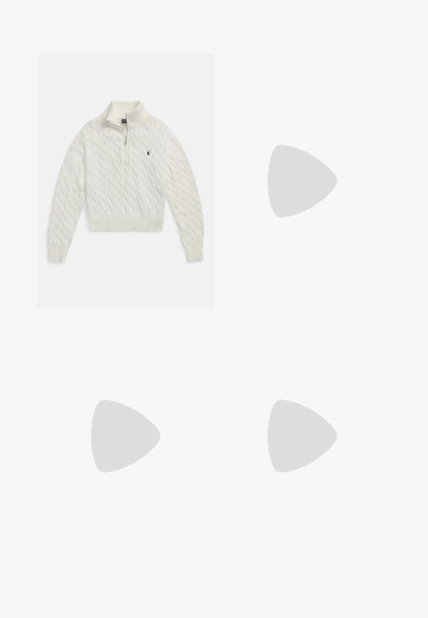 White cable-knit half-zip sweater with ribbed collar, cuffs, and hem, featuring a small embroidered dark logo on the left chest.; White athletic shorts with an elastic waistband, featuring a black Nike swoosh logo on the lower left side and subtle textured detailing.; White canvas sneaker with gold eyelets, flat laces, textured rubber sole, and minimal branding on the side. Low-profile design.; Gold-colored ring with a smooth, twisted design. Features a polished surface and rounded edges, creating a seamless, fluid shape.