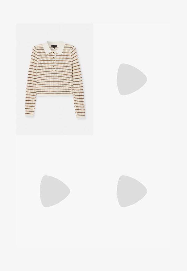 rag & bone VIOLA STRIPE  - Džemperis - ivory; Tumši brūns ribots bodijs ar plānām siksnām, V-veida kakla izgriezumu un pieguļošu siluetu ar atvērtu aizmuguri.; Bordō rūtainā svārki ar pleitu dizainu, oranžiem akcentiem un sānu kabatu. Izgatavotas no teksturēta materiāla ar pieguļošu jostas daļu.; Zelta baleta kurpes ar noapaļotu purngalu, kurām ir neliela loku detaļa un metāliska apdare. Gluda tekstūra ar zemu, bloku papēdi.; Zelta tonī auskari ar gredzenu formu, kas sastāv no divām savstarpēji savītām apļveida formām, ar gludu apdari un uzglaudes aizdari drošai nēsāšanai.