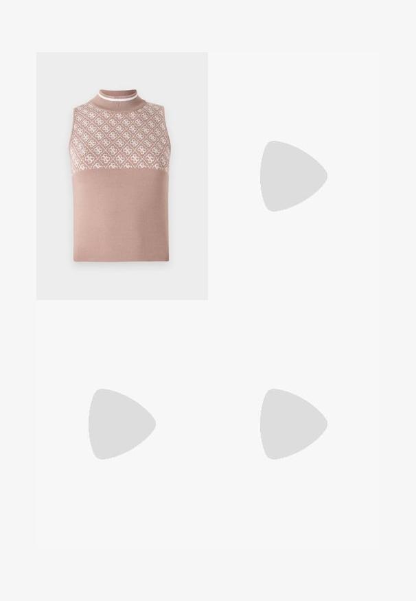 Top tricot fără mâneci de culoare bej deschis, cu o secțiune superioară texturată și cu model, și un guler închis ajustat. Prezintă o parte inferioară netedă, de culoare uniformă.; Fustă tip creion tricotată, de culoare maro deschis, cu un design modelat în crem, având un tiv elastic cu o linie contrastantă. Textură netedă.; Sandal cu toc înalt roz din suede, cu toc pătrat, vârful deschis și curea la gleznă, având un detaliu cu cataramă aurie. Curea frontala plata.; Geantă de mână din piele colorată în nuanțe de chihlimbar, cu un design pliat, curea ajustabilă și o formă rotunjită. Branding minimal pe suprafața frontală.