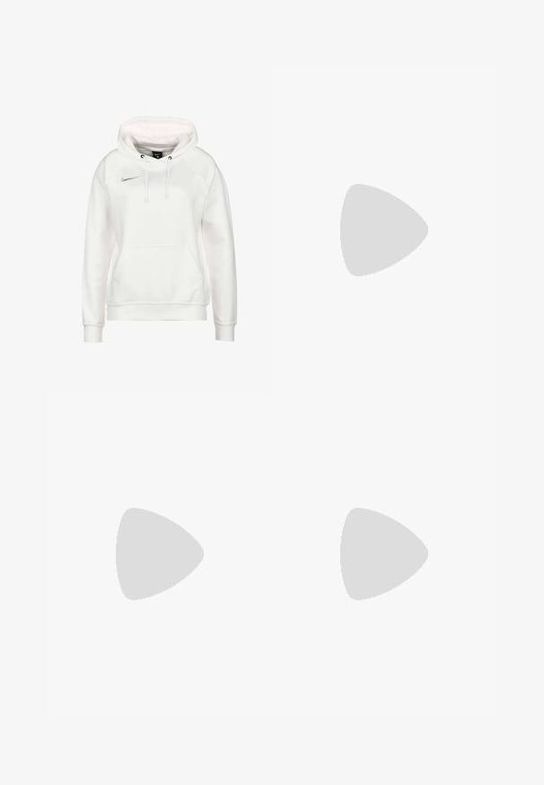 Felpa Nike bianca con tasca frontale a marsupio, cordini regolabili e piccolo logo argento sul petto. Tessuto morbido e polsini a costine.; Leggings neri con un sottile motivo leopardo tonale, vita alta e trama liscia. Presentano il logo "ICIW" sul davanti.; Sneaker di un beige chiaro caratterizzate da una combinazione di materiali scamosciati e in rete. Il design presenta un logo bianco in evidenza e accenti grigi. Suola in gomma.; Borsa a tracolla in nylon di colore verde oliva, resistente, con superficie testurizzata, dotata di chiusura zip, dettagli gialli a contrasto e manici intrecciati.