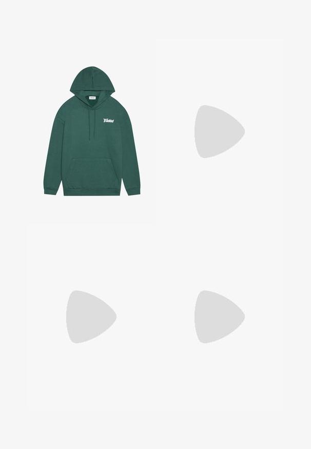 Green hoodie made of soft fabric with a kangaroo pocket, drawstring hood, and “Faded” logo in white on the left chest.; Blue cotton T-shirt with a round neck, short sleeves, and a relaxed fit. Smooth texture and simple design without patterns or accents.; Fleece-accented black pants with a relaxed fit, featuring contrasting dark gray fabric panels and an adjustable drawstring waistband.; Black Nike shoes feature a mesh upper with accent stripes, textured lacing, and a black rubber sole. Worn with black ribbed socks.