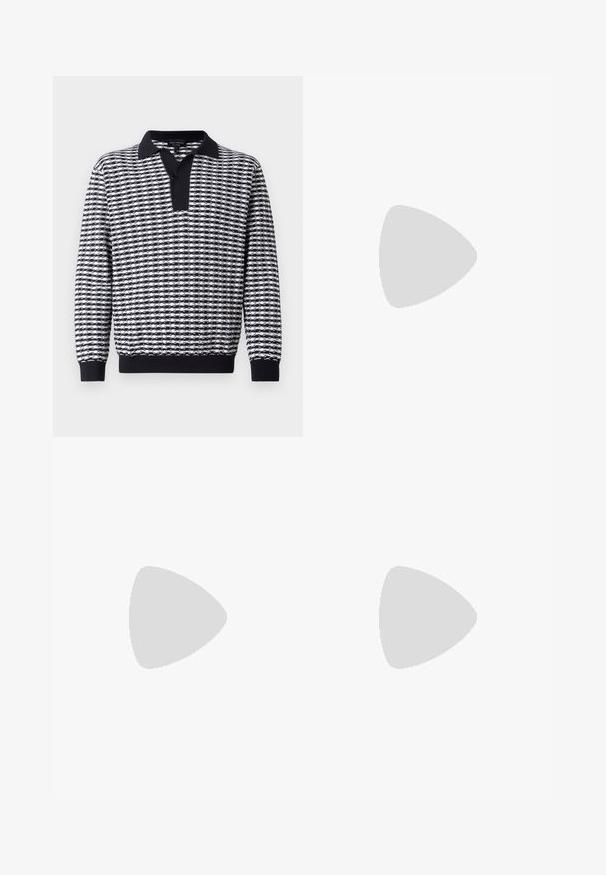 Mönstrad långärmad tröja i svart och vitt med krage, som har knapplist och ribbade muddar vid fåll och ärmar.; J.LINDEBERG JIN PLEATED - Tygbyxor - navy; Vita lädersneakers med en jämn yta, rund tå, platta snörningar och en strukturerad sula. Har en diskret logotyp på hälen.; Svarta runda solglasögon med mörka linser och smala metallarmar. Inkluderar klara tempeltips och silverdetaljer vid gångjärnet. Minimalistisk design.