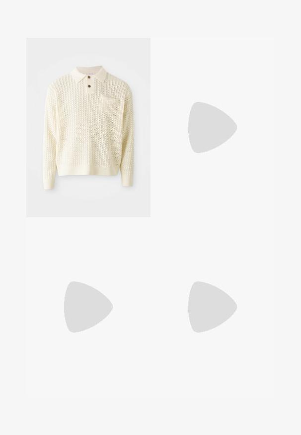 Light cream knitted pullover with a textured pattern, two-button placket, and a chest pocket. Features ribbed cuffs and hem.; Green corduroy shirt with a button-up front, pointed collar, two chest pockets, and long sleeves with buttoned cuffs, featuring a straight hem.; Gray corduroy pants with straight-leg cut, featuring a high waistband, front pockets, and subtle vertical ribbed texture.; Sport shoes with a white leather upper, gray suede toe, and three black stripes. Features a blue logo on the tongue and a textured rubber sole.