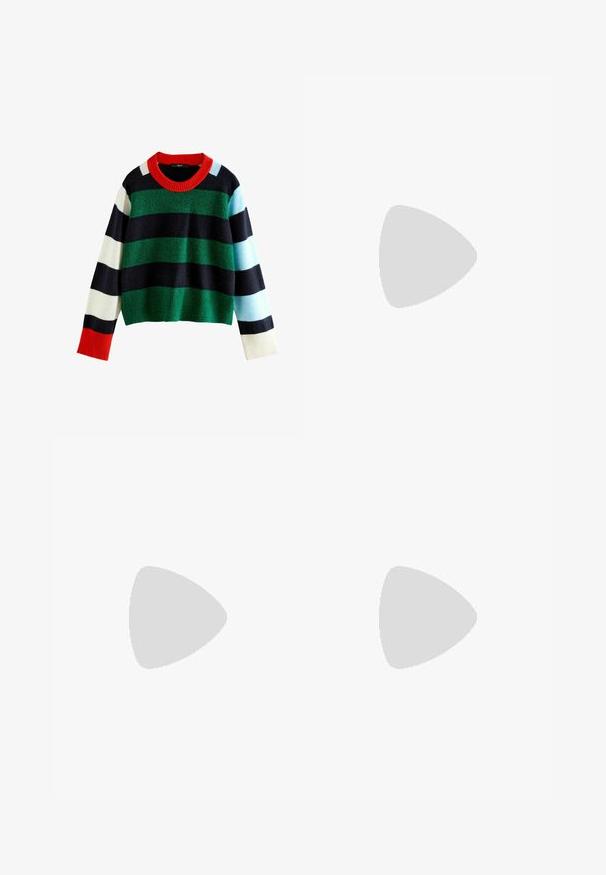 Mångfärgad randig tröja i gröna, marinblå, vita, ljusblå och röda nyanser. Bred ribbad röd krage och mjuk textur. Croppad design.; Marinblå vida byxor i texturerat tyg med hög midja och utsvängd nederkant, som har en len och flödande silhuett.; Camper BRUTUS - Ankelboots - black; Röd läderhobo-väska med en bred, slapp design och en stor öppning, med en subtil textur och en präglad logotyp på framsidan.