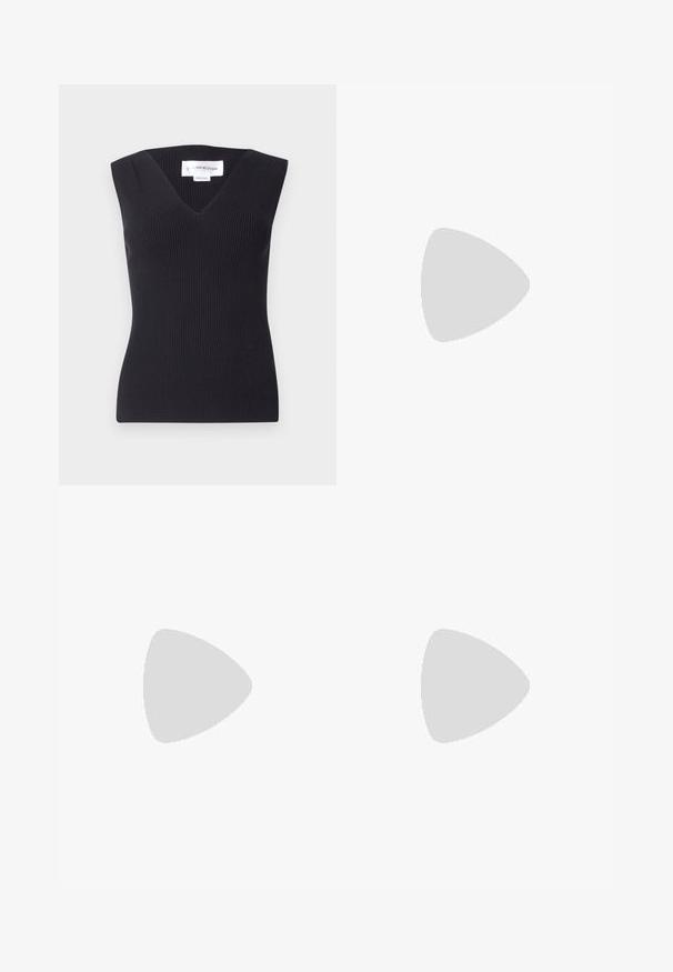 Black ribbed sleeveless top featuring a deep V-neck, fitted design, and textured fabric. Label reads "Victoria Beckham."; Black skirt, above knee length, made of lightweight fabric with a subtle texture, features a flared design and elastic waistband.; Zign Boots - black; AllSaints LUNA  - Cross body bag - black