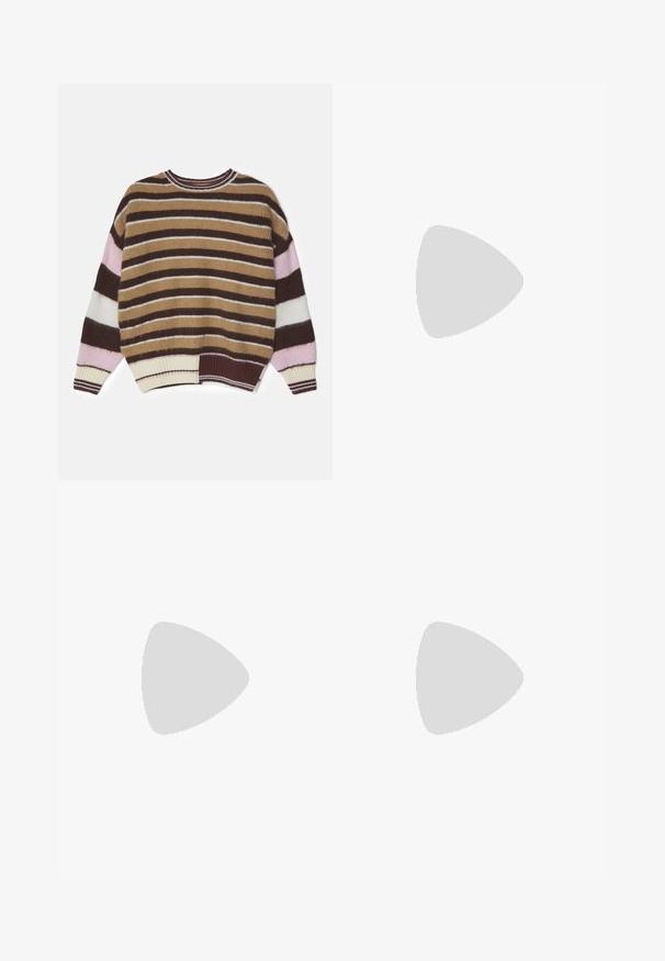 Stine Goya LONG SLEEVE CREW NECKLINE STRIPES - Striktrøje - multi-coloured; Mango Bukser - brown; Beige ruskind ankelstøvler med rund tå, minimal syning, en lille hæl og snørebåndslukning for justerbar pasform.; Sølv rustfrit stål ur med firkantet kasse, hvid skive, analog og digital visning samt metal link armbånd. Vandtæt design.