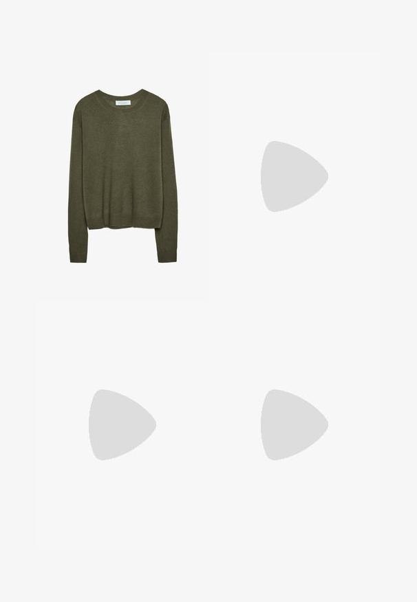 Green sweater made of soft fabric, features a round neckline, long sleeves, and a relaxed fit with ribbed cuffs and hem.; Dark green wide-leg jeans made of cotton blend, featuring a front button closure, five pockets, and classic denim stitching.; Brown suede loafer with a rounded toe and decorative tassel on the upper. Flat sole with a minimalistic design and smooth texture.; Olive green leather tote bag with dual straps, smooth texture, and four panel design. Reinforced stitching along seams for durability.