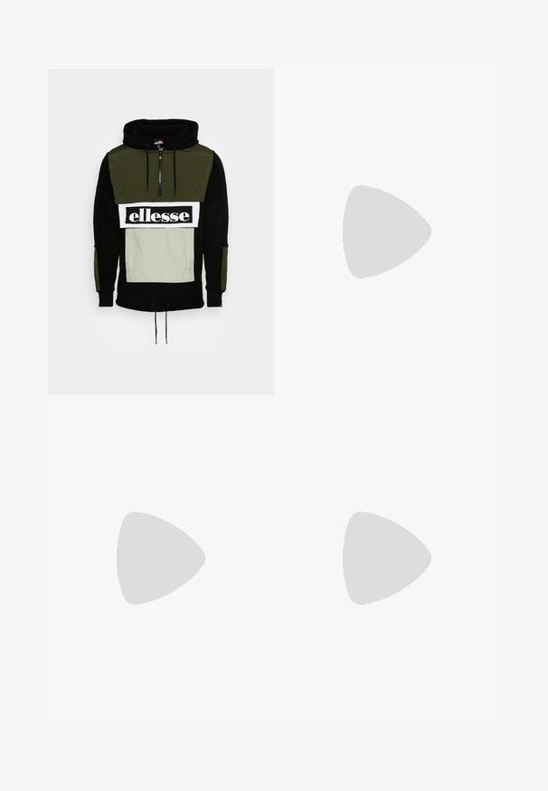 Ellesse PERIODIC - Vesta od flisa - black/khaki; Bijela pamučna majica kratkih rukava, s mornarsko plavim izvezenim logom na lijevoj strani prsa i vibrantnim akcentom iznadloga.; Crne trenirke od mekanog materijala imaju suženi kroj nogavica, elastičnu traku u struku, bočne džepove sa patent zatvaračima i mali akcent logotipa.; Crne i zelene tenisice s uzorkovanom mrežicom na gornjem dijelu, bijelim swoosh logom, podstavljenim ovratnikom i vidljivom zračnom jastučićem u potplatu.