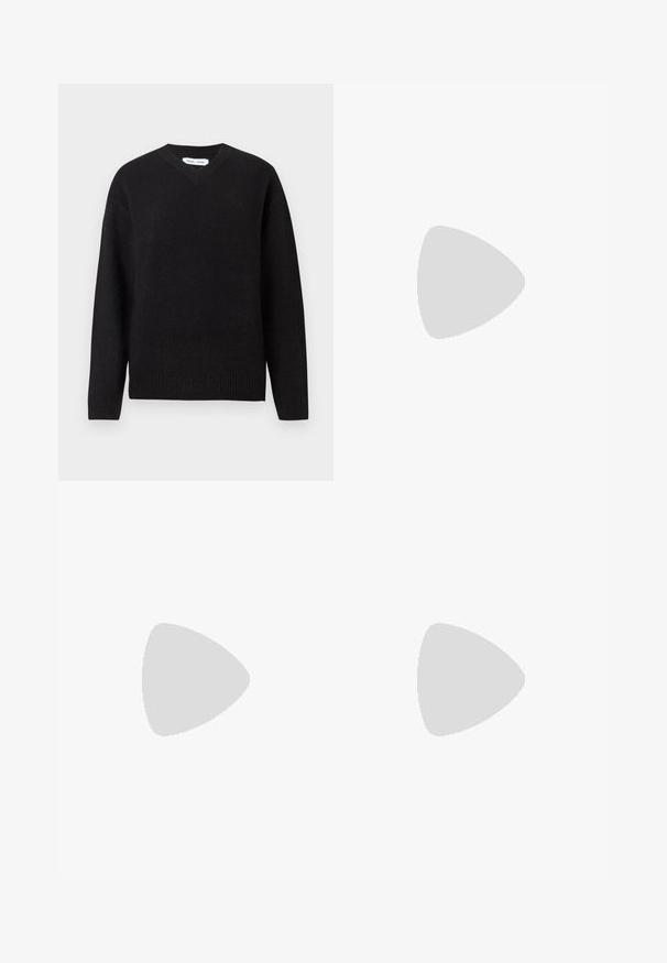 Pulover negru cu guler în V, dintr-un amestec moale de lână, cu mâneci lungi și manșete și tiv ribelate. Design simplu, clasic, fără modele sau accente.; Pantaloni largi din țesătură verde închis, cu un elastic la talie și o textură netedă, fără accesorii sau modele vizibile.; Pantof european din piele neagră, cu un design matlasat, vârf rotunjit, sistem de șireturi în față și talpă din cauciuc. Prezintă un branding subtil pe lateral.; Geantă de umăr din piele neagră cu un finisaj texturat. Dispune de trei buzunare exterioare și o curea ajustabilă. Formă compactă, rotundă.