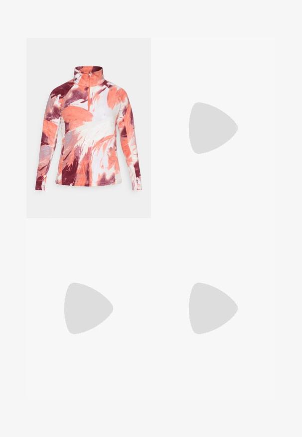 Pulover din fleece cu guler înalt, având o închidere cu fermoar. Culorile includ portocaliu, alb și burgund într-un model floral. Textură moale.; Cămașă cu mâneci lungi de culoare gri închis, cu un grafic de copaci roșii și munți; logo-ul "COLUMBIA" în text alb îngroșat. Material moale, guler standard de tip crew.; Pantaloni de exterior pentru bărbați, gri închis, fabricați dintr-un material flexibil, cu un brâu, buzunare cu fermoar și cusături consolidate.; Pantof de drumeție purpuriu și negru cu un superior texturat, accente gri și talpă verde, având sistem de închidere cu șireturi și un model de batere robust.