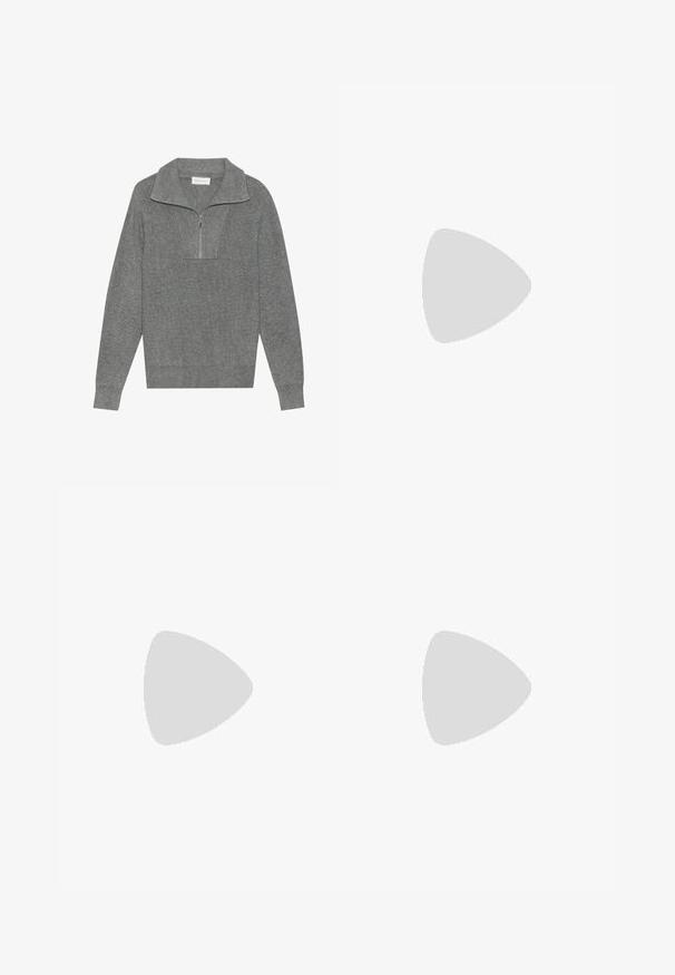 Grijze geribde trui met een rits tot een kwart, lange mouwen en een textuurt breiwerk. Geen zichtbare logo's of patronen.; Witte polo shirt van katoen, met een standaard kraag, korte mouwen en een klein marineblauw logo op de linkerkant van de borst.; Grijze gestreepte broek met een relaxed fit, voorzien van een enkele knoopsluiting, rechte pijpen en plooien aan de voorkant voor structuur.; JOOP! KLEITOS - Instappers - brown; Ronde zonnebrillen met een transparante montuur, lichtgroene lenzen en dunne, transparante pootjes. Bevat subtiele hardware-accenten op het montuur.