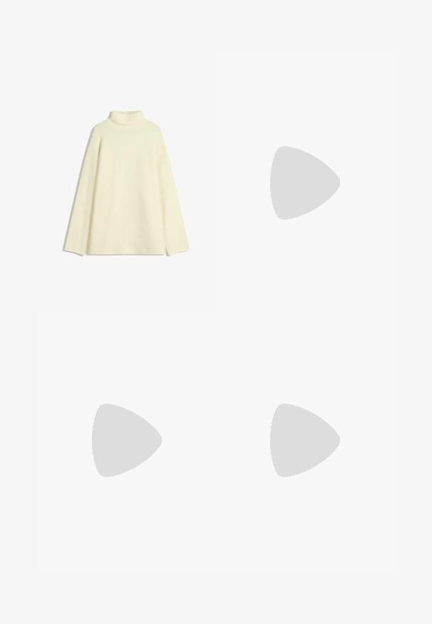 Cream turtleneck sweater made of soft material, featuring long sleeves and a relaxed fit. No patterns or accents are visible.; Wide-leg trousers in white fabric, featuring a smooth texture, front pockets, and a classic waistband with belt loops.; Brown suede boot with white shearling cuff, dual-tone rubber sole, and patterned laces. Features metal eyelets for secure fastening.; Brown leather crossbody bag with a curved shape, gold hardware, and a buckle accent. Features a detachable shoulder strap.