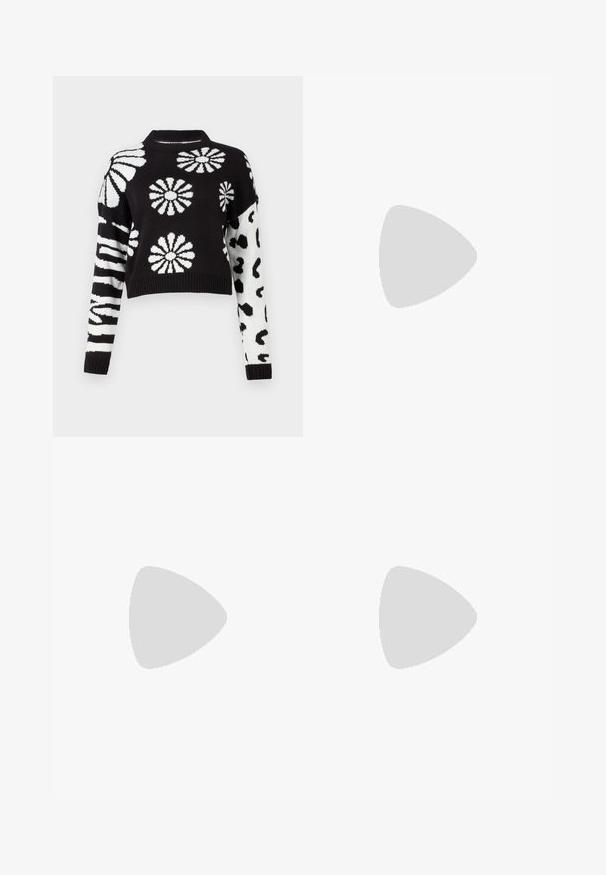 Pull en noir et blanc à coupe courte, orné de motifs floraux et animaliers, avec des poignets et un col côtelés, fabriqué à partir d'un matériau tricoté doux.; Pantalons noirs évasés en matériau lisse et extensible avec une taille haute et cinq boutons métalliques à l'avant. Comprend deux poches latérales.; Baskets blanches en cuir avec une boîte à orteils perforée, semelle texturée et lacets blancs, associées à un large pantalon rouge et un fond bleu et jaune.; Pochette en cuir noir avec un rabat et un détail en boucle en métal doré. Inclut une sangle noire et un design épuré et minimaliste.