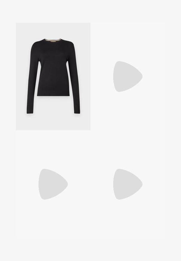 Čierny sveter s dlhým rukávom vyrobený z hladkého pleteného materiálu. Má rebrovaný výstrih a manžety, s priliehavým strihom a bez viditeľných vzorov.; Široké nohavice s monochromatickým točeným vzorom. Materiál sa javí ako ľahký s textúrovaným povrchom; má vysoký elastický pás.; Sivý, strihovo upravený kabát so rovnými líniami; doplnený o čierne kožené čižmy po kolená s štvorcovou špičkou a robustným podpätkom.; Čierna kožená taška na rameno s hladkým povrchom, obdĺžnikovým tvarom a dvoma dlhými uchami. Bez viditeľného kovania alebo ozdôb.