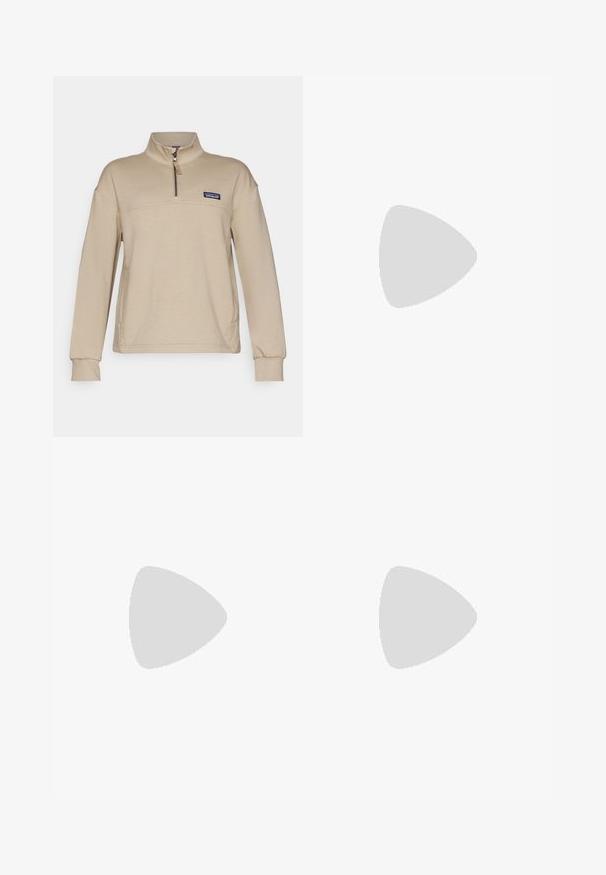 Beige fleece pullover with a half zip, standing collar, and long sleeves. Features a small patch logo on the left chest. Soft texture.; Light blue short-sleeve t-shirt made of soft fabric. Features a round neckline and a small white logo on the left chest area.; Black leggings with a high waistband, drawstring, smooth texture, and fitted design. Features stitching details along the sides.; Black hiking boot with a mid-top design, featuring a textured upper, gray accents, and durable rubber sole with traction lugs.