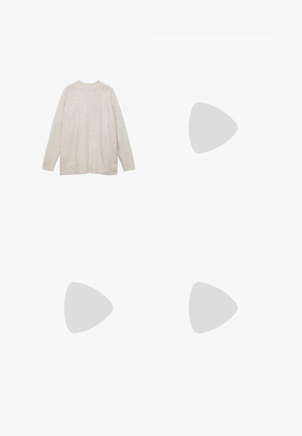Maglione beige chiaro realizzato in un materiale morbido, con scollatura rotonda, maniche lunghe e polsini e orlo a coste per un tocco di texture in più.; Camicetta marrone con bottoni, colletto classico, maniche lunghe e vestibilità rilassata. Realizzata in cotone liscio con una trama uniforme.; Gonna midi nera realizzata in tessuto liscio e leggero. Presenta una linea dritta, senza componenti visibili e un design semplice senza fantasie.; Ballerine in rete nera con rifiniture in vernice nera lucida e un'applicazione ad anello. Presentano una punta appuntita e un tacco basso.