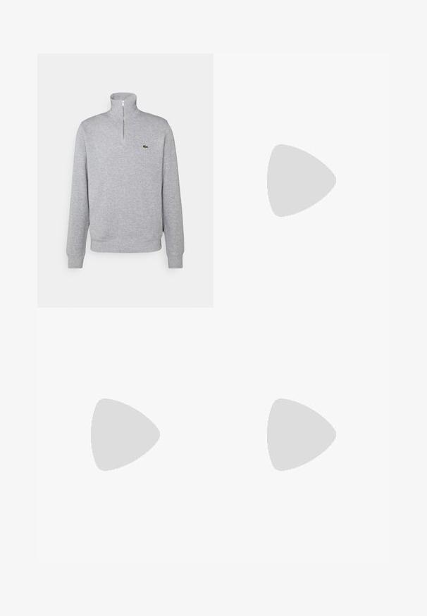 Grå zip-hals sweatshirt, mjukt tyg, långa ärmar, ribbade mudd och nederkant, med en liten grön logotyp på bröstet.; Avklippta, vida byxor i slät, beige tyg med framveck och metallaccentuerade bältesöglor.; Lacoste-sneakers i mörkgrått med nät och syntetmaterial, med en strukturerad sula och bruna detaljer på kragen och varumärket.; Svarta rektangulära glasögon med klara linser. Ram av acetat, silverdetaljer vid skalmarna och logotyp nära gångjärnen.