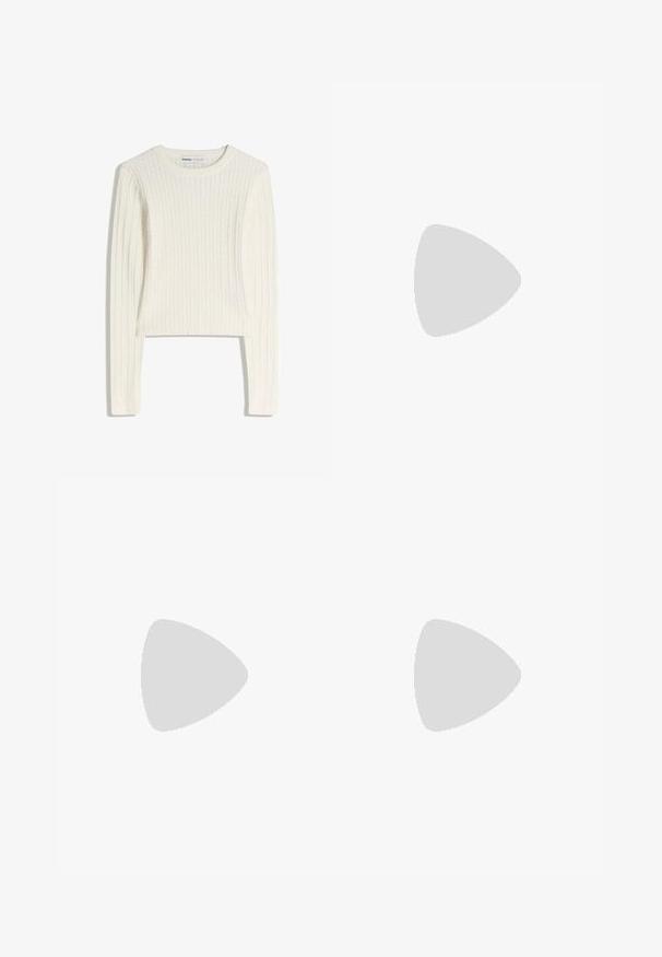 Pulover alb, tricotat cu model în relief, mâneci lungi, decolteu rotund și textură ribată. Design scurtat care adaugă o notă modernă.; Jeans negri din denim cu un design cu picioare largi, având buzunare frontale, închidere cu buton și o textură netedă. Materialul pare să fie rezistent.; Pantofi cu toc slingback din piele lacuită neagră, cu vârf ascuțit și toc geometric. Prezintă un design elegant, minimalist și o textură netedă.; Geantă hobo din piele neagră, cu o textură netedă, formă curbată și un singur bretele ajustabil; are o deschidere largă în partea de sus.